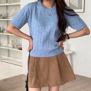 샵앤) 국산 여성 라운드 꽈배기 반팔 니트티 21DS-WKN-4883-오트밀