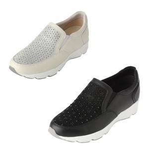 [엘칸토(여성화)]논슬립경량쿠션 핫픽스 여성펀칭슬립온  LCWC10U413 화이트/블랙