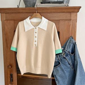 샵앤) 삼색 여성 카라 단추5부 반팔니트 DGB-WKN-3568-베이지