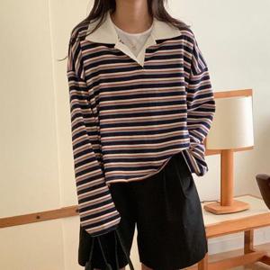 아이우먼 반오픈카라줄지배색티 DDS883M410 빅사이즈