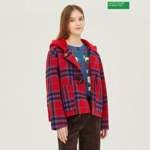 베네통 토리 체크 후드 숏 코트 BACT64361_RD