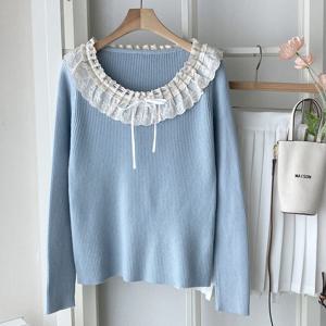 샵앤) 봄신상 여성 레이스 리본 라운드넥 골지 니트 티셔츠 JR-WKN-4081-블루