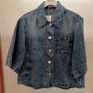 Latium HC06 데님 7부소매 레트바이 언발 반팔 카라 점퍼형 연청 쟈켓 T2523jk01