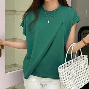 샵앤) 여성 사선 라운드넥 플리츠 언발소매 반팔 티셔츠 21DS-WSH-4254-그린