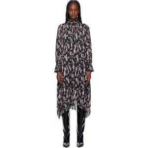 가니 원피스 블랙 플로럴 프린트 플리츠 미디 드레스 242144F054012