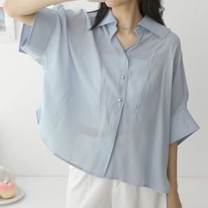 샵앤) 여성 카라넥 럭셔리 루즈핏 시스루 반팔 블라우스 CAT-WBL-4412-소라