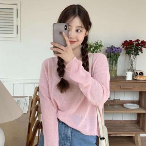 샵앤) 국산 여성 V넥 쿨링 부클 긴팔 심플 니트 티셔츠 JLE-WKN-4426-핑크