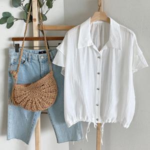 샵앤) 여성 카라넥 이중소매 뒷주름 여름 반팔 블라우스 BONG-WBL-4511-아이보리