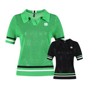 럭스골프 여성 오픈 카라 라인 배색 메쉬 반팔 골프니트 GQ25M618W