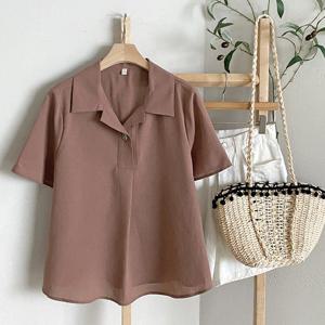 샵앤) 국산 여성 카라 루즈핏 반단추 반팔 블라우스 REI-WBL-4590-진베이지