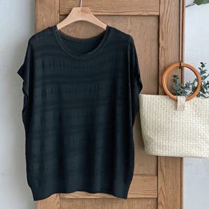 샵앤) 여성 레이스 라운드넥 나그랑 캡소매 니트티 JR-WKN-4594-블랙