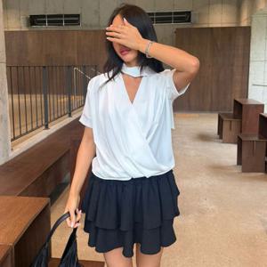 샵앤) 국산 여성 리본타이 X자셔링 정장 반팔 블라우스 MCR-WBL-4681-화이트