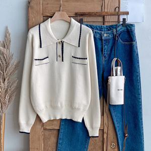 샵앤) 여성 물결 배색 카라넥 반오픈 긴팔 니트티 BONG-WKN-4758-아이보리