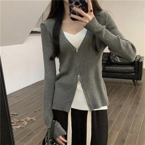 의류 슬림핏 여성 지퍼포인트 LK-K015 니트티 데일리 베이직