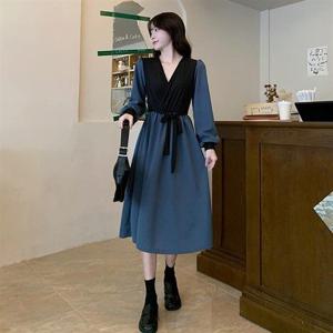 OPC016 A라인 1컬러 롱원피스 베이직 리본 데일리 의류 배색 여성