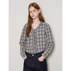 [르샵]빈티지 프릴 포인트 체크 패턴 긴팔 블라우스 (DP3BA060A)
