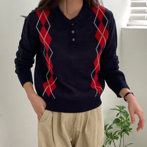 샵앤) 국산 여성 반단추 카라넥 아가일 긴팔 니트 티셔츠 21DS-WKN-4888-레드