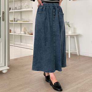 샵앤) 여성 허리밴딩 앞포켓 단추 H라인 데님 롱스커트 21DS-WSK-4914-진청