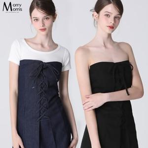 [더블유쇼핑][모리모리스(Morry Morris)] 리본끈 데님 미니 원피