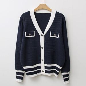 케리 여성 단추 Y오픈 킨단 배색 봄 가디건 BONG-WCD-3097-네이