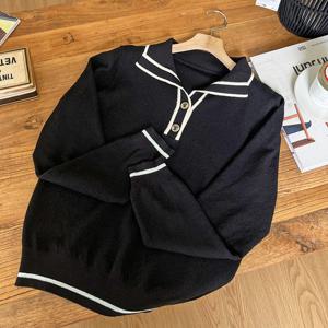 샵앤) 라인배색 여성 카라 긴팔 니트티 DGB-WKN-3582-블랙