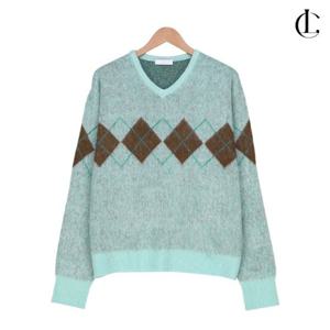 엘케이트 여성 아가일 니트 긴팔 브이넥 오버핏 겨울 니트티 LNC004