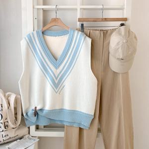 샵앤) 여성 배색 V넥 간절기 오버핏 레이어드 니트 조끼 BONG-WVS-4113-아이보리