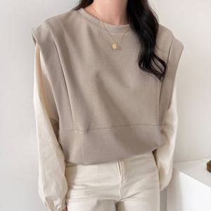 샵앤) 여성 라운드넥 밑단스트링 믹스 블라우스 티셔츠 21DS-WSH-4150-베이지