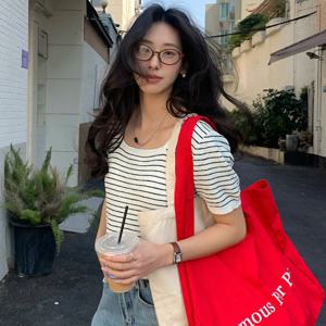 샵앤) 여성 스퀘어넥 단가라 봄컬러 반팔 니트 티셔츠 21DS-WKN-4249-아이보리