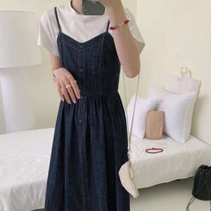 샵앤) 여성 민소매 단추 뒷스모크 청 레이어드 끈나시 롱 데님 원피스 MSE-WDR-20605-진청