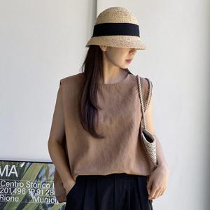 샵앤) 국산 여성 라운드넥 박시 무지 민소매 린넨 티셔츠 SML-WSH-4432-카멜