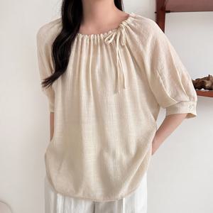 샵앤) 여성 스트링 라운드넥 리본 루즈핏 5부 여름 블라우스N NYS-WBL-4479-블랙