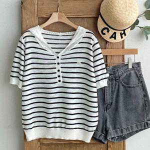 샵앤) 여성 반단추 오픈 시슬 후드 반팔 니트티 BONG-WKN-4501-S아이보리