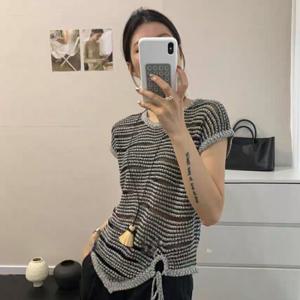 샵앤) 여성 라운드 언발밑단 가로줄 보카시 캡소매 니트티 21DS-WKN-4612-차콜