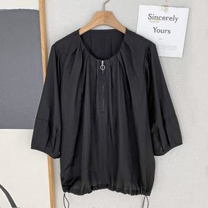 샵앤) 여성 노카라 반집업 밑단스트링 여름 5부 셔링 블라우스 BONG-WBL-4644-블랙