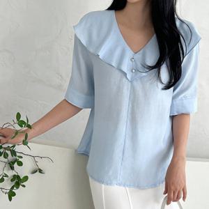 샵앤) 국산 여성 V넥 프릴카라 시원한 5부 여름 정장 블라우스 REI-WBL-4654-소라