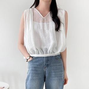 샵앤) 여성 V낵 어깨 셔링 뒷주름 벌룬 나시 블라우스 NYS-WBL-4630-화이트