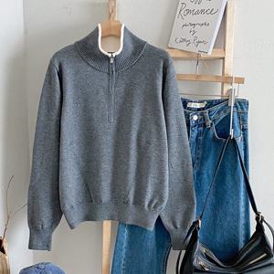 샵앤) 여성 배색 카라넥 반집업 긴팔 니트 티셔츠 DGB-WKN-4767-그레이