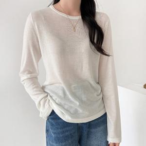 샵앤) 여성 라운드 얇은 간절기 무지 베이직 긴팔 니트티 NYS-WKN-4798-그레이