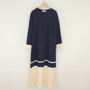 샵앤) 국산 여성 라운드 배색주름 임부 롱원피스 LL-WDR-4852-네이비