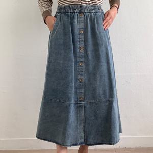 샵앤) 여성 허리밴딩 앞트임 버튼 절개 데님 롱스커트 21DS-WSK-4913-연청