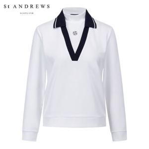 [세인트앤드류스] 여성 V넥 배색 레이어드 하이넥 긴팔티셔츠