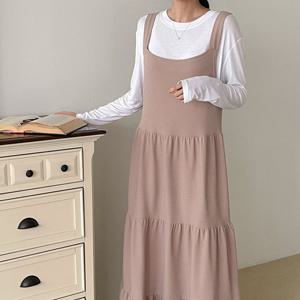 국산 여성 민소매 캉캉 임산부 롱원피스 ARA-WDR-3090-베이지