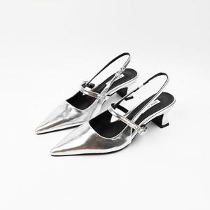 [신난다슈]여성 슬링백힐 5cm 스틸레토 슬링백 구두 펌프스 힐 미들힐 버클 EF243075 실버