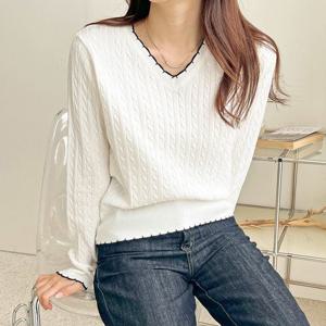 샵앤) 여성 꽈배기 V넥 긴팔 니트 티 21DS-WKN-3770-베이지