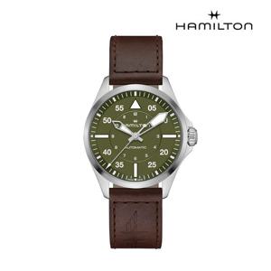 [해밀턴]카키 에비에이션 파일럿 39mm 그린 다이얼 브라운 가죽 손목시계 H76305560