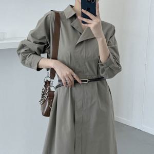 샵앤) 여성 셔링 카라넥 워싱 롱 원피스 CAT-WDR-3826-진베이지