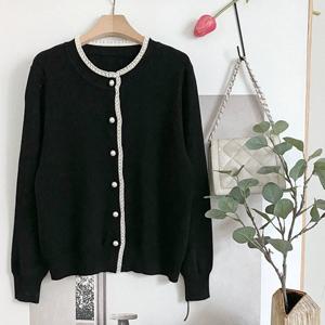 샵앤) 여성 라운드 진주단추 레이스 간절기 니트 가디건 BONG-WCD-4111-블랙