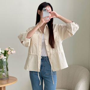 샵앤) 여성 간절기 카라넥 앞포켓 허리 스트링 블라우스 셔츠 CAT-WBL-4164-네이비