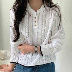 샵앤) 국산 여성 카라넥 반오픈 단추 꽈배기 니트 티셔츠 21DS-WKN-4297-화이트